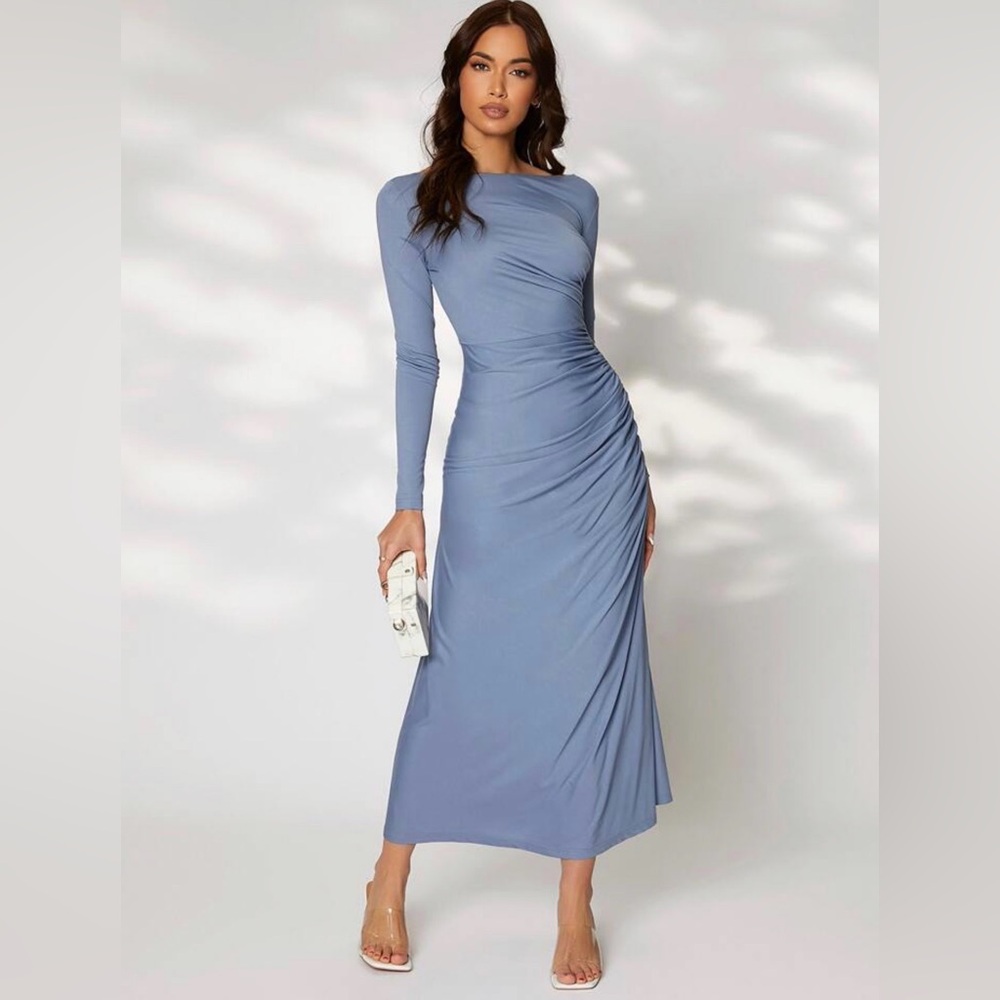 Ruched side asymmetrical & bodycon blue dress with sleeves